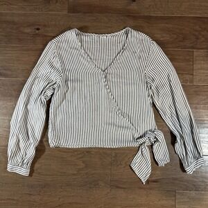 Gap Womens Black White Striped Long Sleeve Side Tie Wrap Top Large V-Neck Blouse